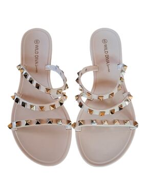 Wild Diva Studded Triple-Strap Slide Sandals